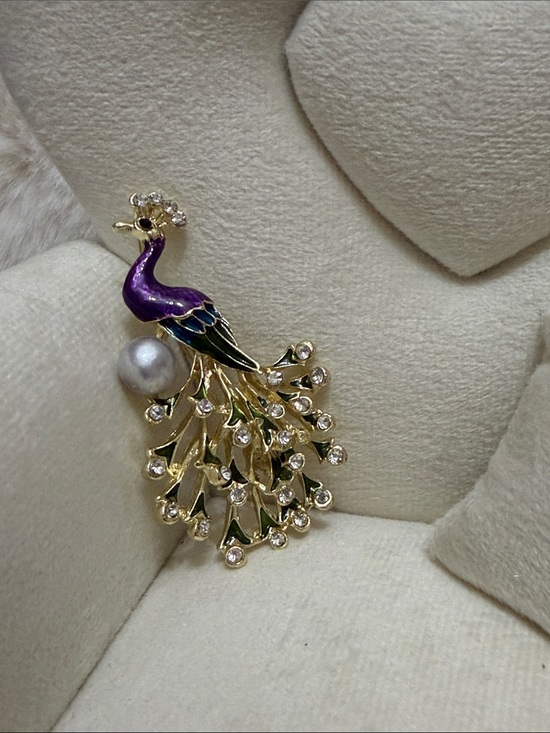 Jewelry - Gold Peacock Brooch with Purple Enamel and Pearl Accent